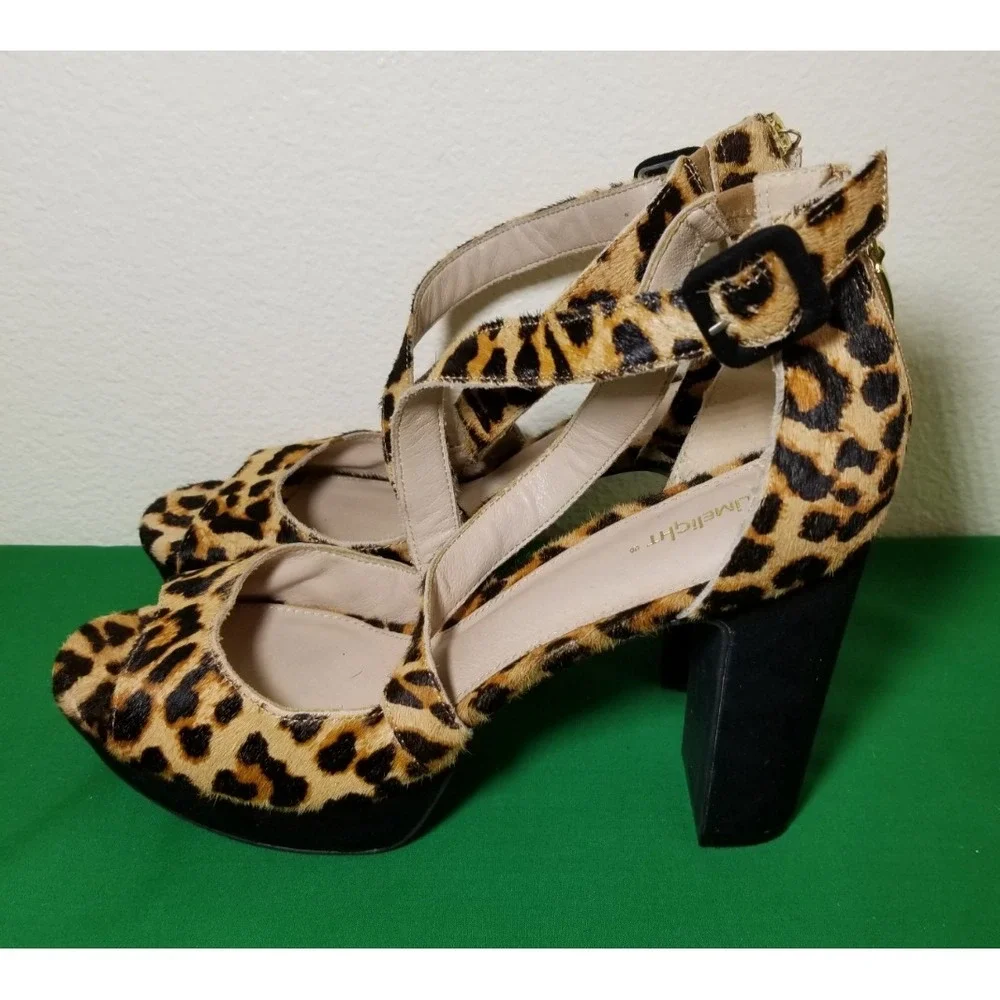 Limelight Brown Leopard Platform Block Heel Ankle Strap Women Size 11 Retro City